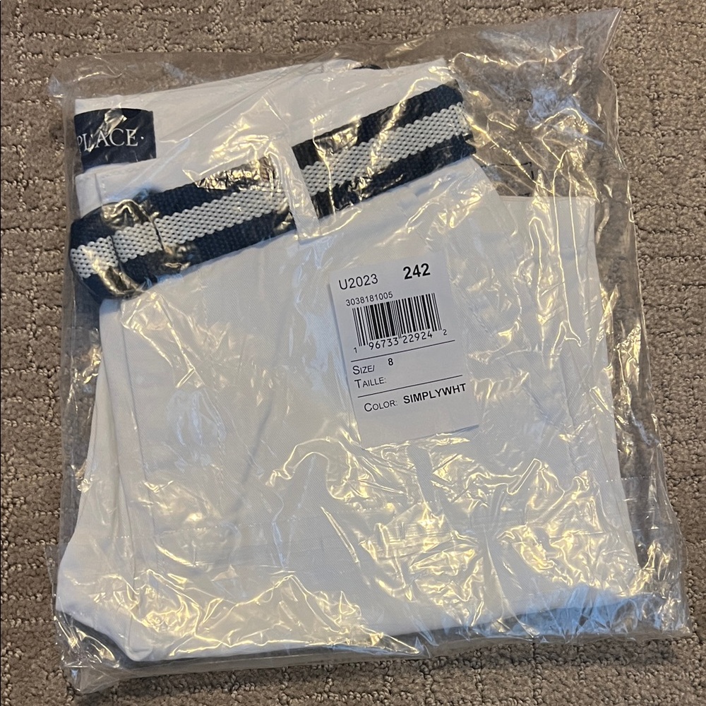 White Shorts with Blue and White Striped Belt